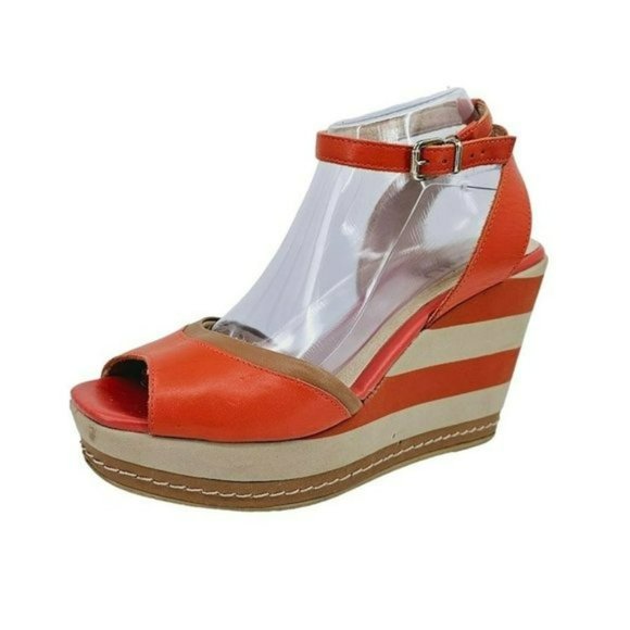 Malu Wedge Sandals 10 Super Comfort Orange Tan Stripe Tall Open Toe Ankle Straps - Picture 13 of 13